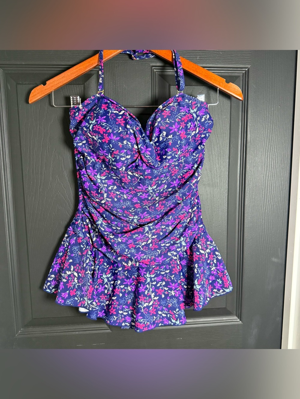 Floral Ruched Halter Swimdress One-Piece - Purple